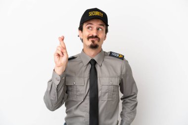 Beyaz arka planda izole edilmiş beyaz tenli genç bir güvenlik görevlisi şans diliyor ve en iyisini diliyor.