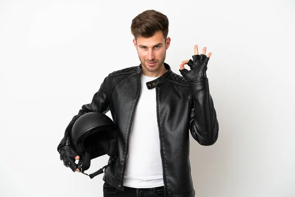 Giovane Uomo Caucasico Con Casco Moto Isolato Sfondo Bianco Mostrando — Foto Stock