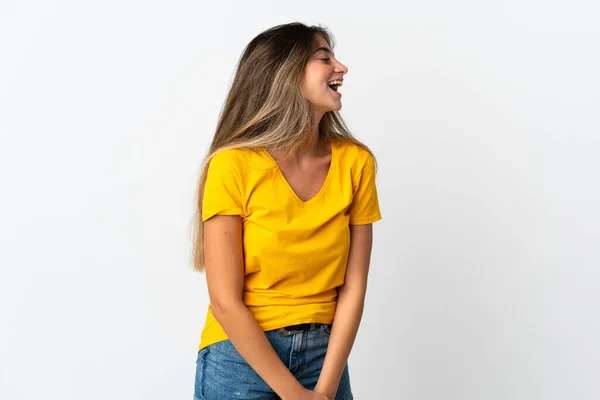 Jonge Blanke Vrouw Geïsoleerd Witte Achtergrond Lachen Laterale Positie — Stockfoto