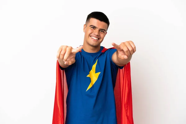 Super Hero Isolated White Background Points Finger You While Smiling — Stock Photo, Image