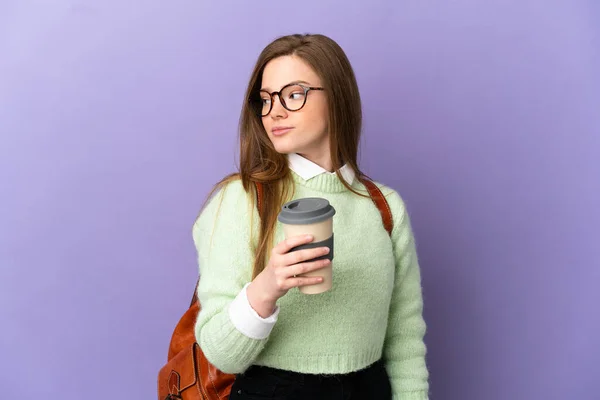 Adolescente Estudante Menina Sobre Isolado Roxo Fundo Olhando Para Lado — Fotografia de Stock