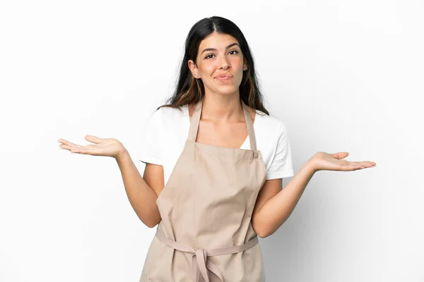 Restaurantkellner Vor Isoliertem Weißen Hintergrund Mit Zweifeln Beim Händeheben — Stockfoto