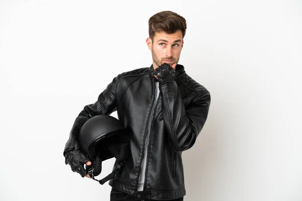 Young Caucasian Man Motorcycle Helmet Isolated White Background Looking — Stock Photo, Image
