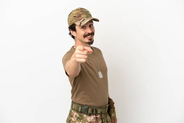Uomo Soldato Isolato Sfondo Bianco Punta Dito Contro Con Espressione — Foto Stock