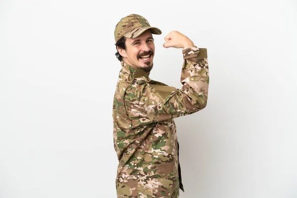 Soldat Man Isolerad Vit Bakgrund Gör Stark Gest — Stockfoto