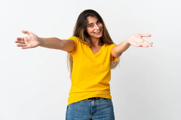 Jeune Femme Caucasienne Isolée Sur Fond Blanc Présentant Invitant Venir — Photo