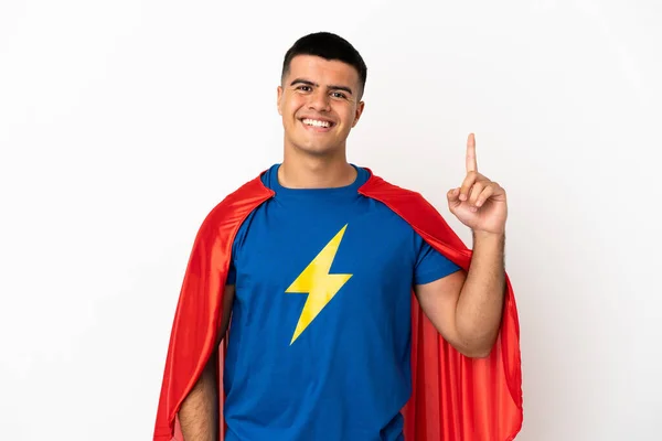 Super Hero Isolated White Background Showing Lifting Finger Sign Best — Stock Photo, Image