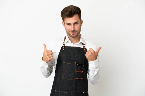 Ristorante Cameriere Caucasico Isolato Sfondo Bianco Con Pollici Gesto Sorridente — Foto Stock