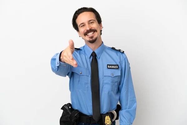 Jovem Policial Homem Sobre Fundo Isolado Branco Apertando Mãos Para — Fotografia de Stock