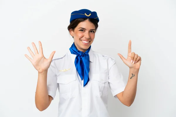 Stewardess Kaukasischen Frau Isoliert Auf Weißem Hintergrund Zählen Sieben Mit — Stockfoto