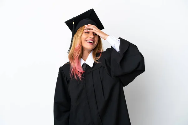 Młody Absolwent Uniwersytetu Ponad Odizolowane Białe Tło Uśmiechając Się Dużo — Zdjęcie stockowe