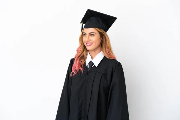 Graduação Universitária Jovem Sobre Fundo Branco Isolado Olhando Lado — Fotografia de Stock