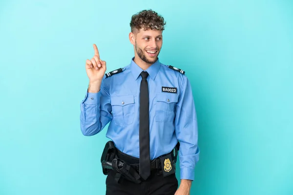 Joven Policía Hombre Rubio Aislado Blanco Sobre Fondo Azul Con —  Fotos de Stock