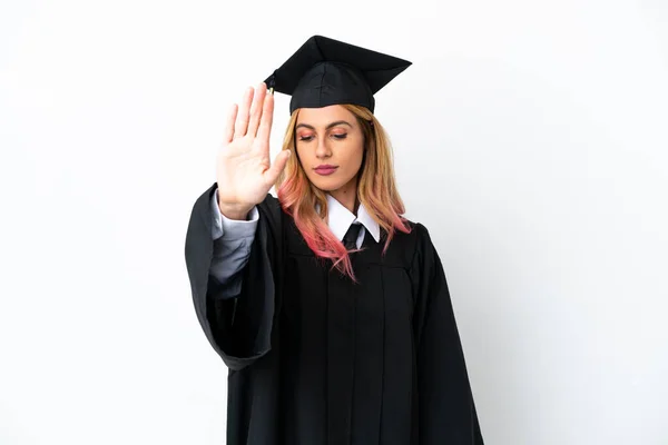 Mladá Univerzita Absolvent Přes Izolované Bílé Pozadí Dělat Stop Gesto — Stock fotografie