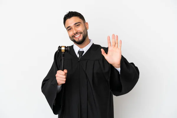 Giudice Arabo Uomo Isolato Sfondo Bianco Saluto Con Mano Con — Foto Stock