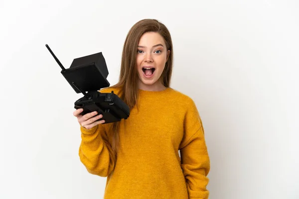 Adolescente Tenant Une Télécommande Drone Sur Fond Blanc Isolé Avec — Photo