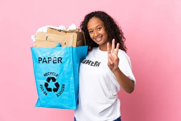 Tiener Cubaans Meisje Met Een Recycling Zak Vol Papier Recyclen — Stockfoto