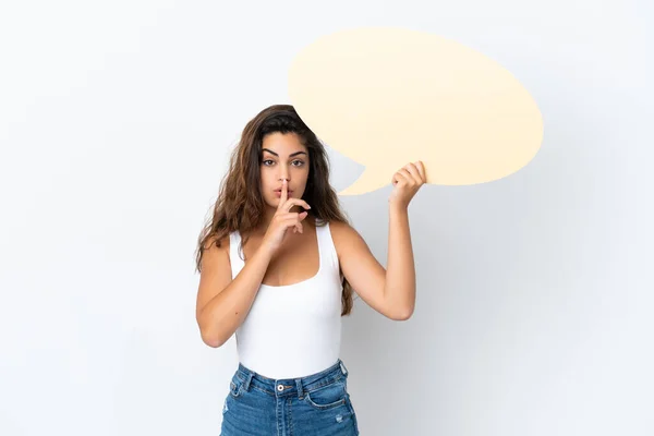 Young Caucasian Woman Isolated White Background Holding Empty Speech Bubble — Stock Photo, Image