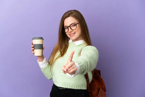 Adolescente Studente Ragazza Isolato Viola Sfondo Mostrando Sollevando Dito — Foto Stock