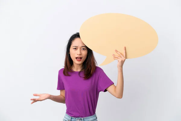 Young Vietnamese Woman Isolated White Background Holding Empty Speech Bubble — Stock Photo, Image