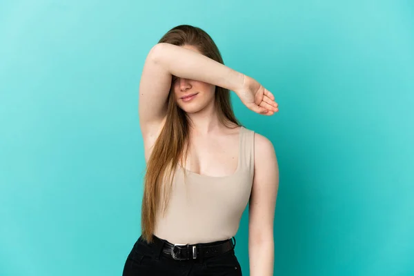 Teenager Girl Isolated Blue Background Covering Eyes Hands — Stock Photo, Image