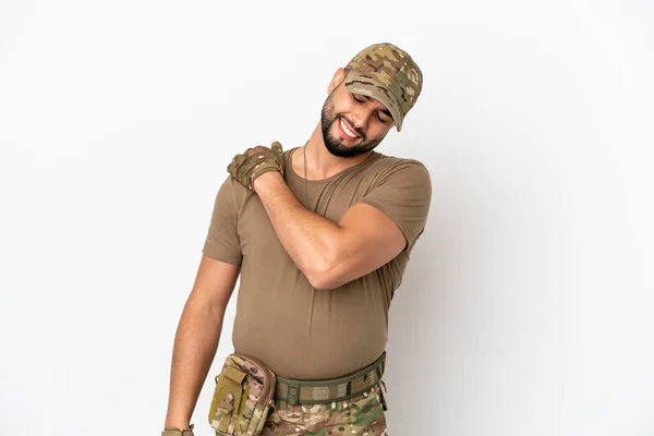 Jeune Soldat Arabe Isolé Sur Fond Blanc Souffrant Douleur Épaule — Photo