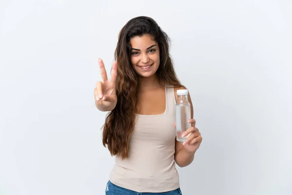 Giovane Donna Caucasica Con Una Bottiglia Acqua Isolata Sfondo Bianco — Foto Stock