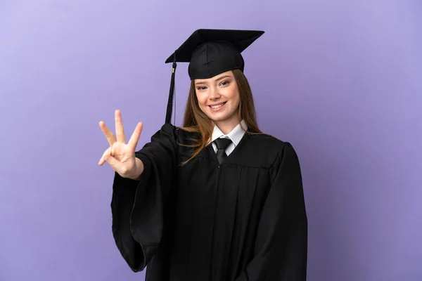 Joven Graduado Universitario Sobre Fondo Púrpura Aislado Feliz Contar Tres — Foto de Stock