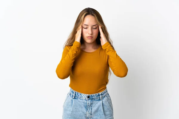 Junge Blonde Frau Isoliert Auf Blauem Hintergrund Mit Kopfschmerzen — Stockfoto