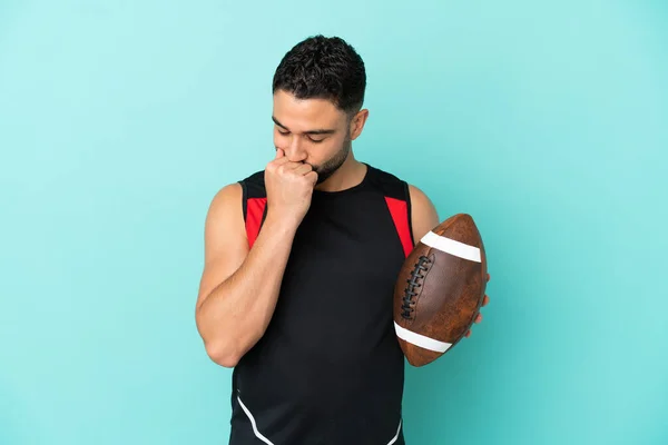 Young Arab Man Playing Rugby Isolated Blue Background Having Doubts — Stock Photo, Image