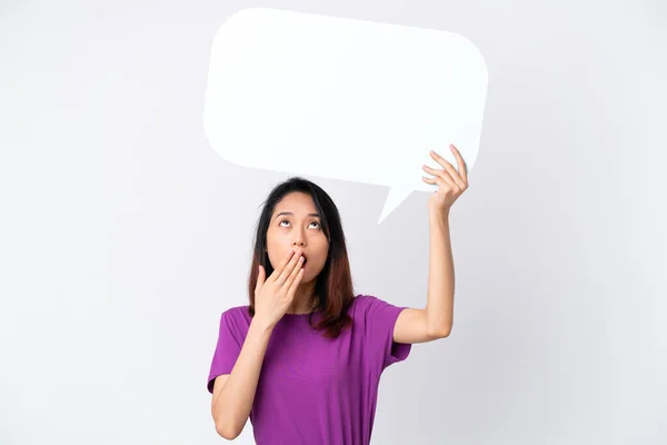 Young Vietnamese Woman Isolated White Background Holding Empty Speech Bubble — Stock Photo, Image