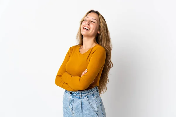Joven Mujer Rubia Aislada Sobre Fondo Azul Feliz Sonriente —  Fotos de Stock