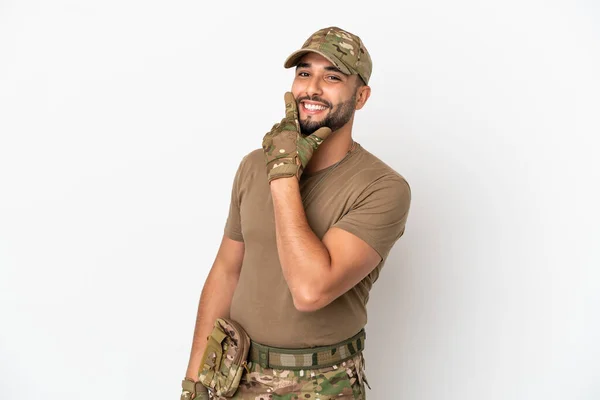 Giovane Arabo Soldato Uomo Isolato Sfondo Bianco Felice Sorridente — Foto Stock