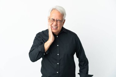 Middle age Brazilian man isolated on white background with toothache