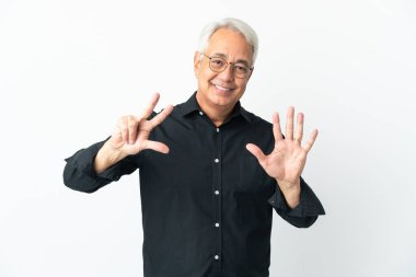 Middle age Brazilian man isolated on white background counting eight with fingers