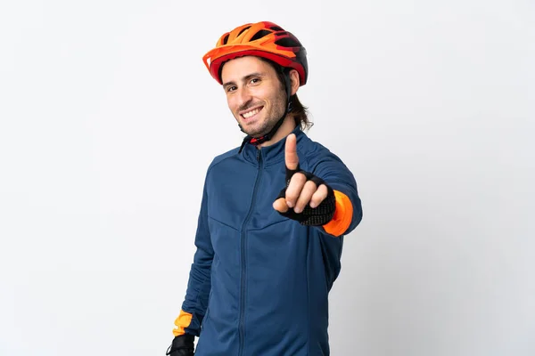 Joven Ciclista Aislado Sobre Fondo Blanco Mostrando Levantando Dedo —  Fotos de Stock