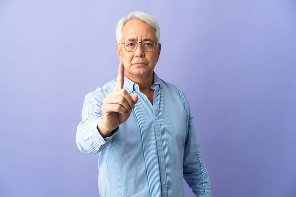 Middle Age Brazilian Man Isolated Purple Background Counting One Serious — Fotografia de Stock