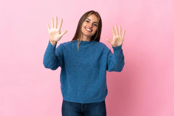 Young Uruguayan Woman Isolated Pink Background Counting Ten Fingers —  Fotos de Stock