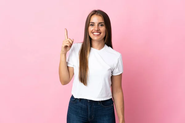 Young Uruguayan Woman Isolated Pink Background Pointing Great Idea — Stock Fotó