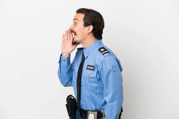 Young Police Man Isolated Background White Shouting Mouth Wide Open —  Fotos de Stock