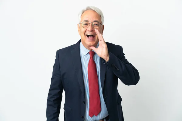 Middle Age Brazilian Business Man Isolated White Background Shouting Mouth — Fotografia de Stock