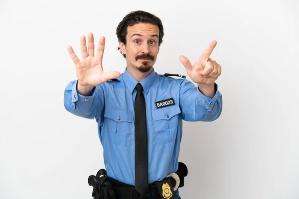 Young Police Man Isolated Background White Counting Seven Fingers —  Fotos de Stock