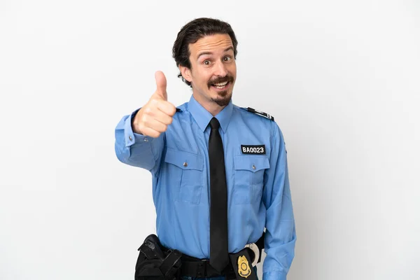 Young Police Man Isolated Background White Thumbs Because Something Good —  Fotos de Stock
