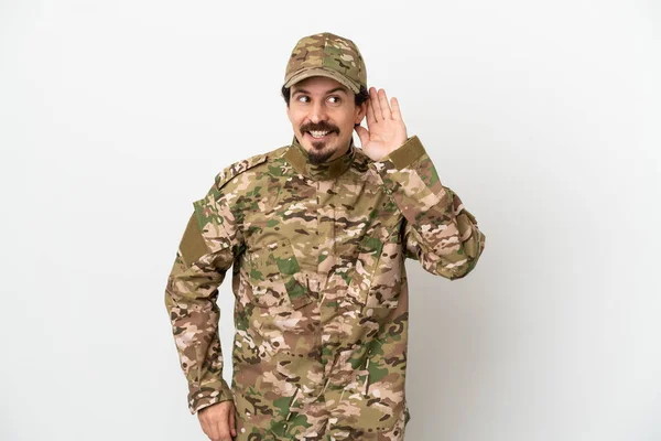 Soldier Man Isolated White Background Listening Something Putting Hand Ear — Stock Photo, Image