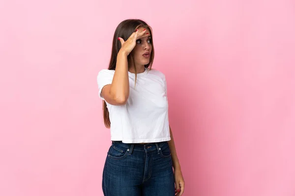 Young Uruguayan Woman Isolated Pink Background Surprise Expression While Looking — Stock Fotó