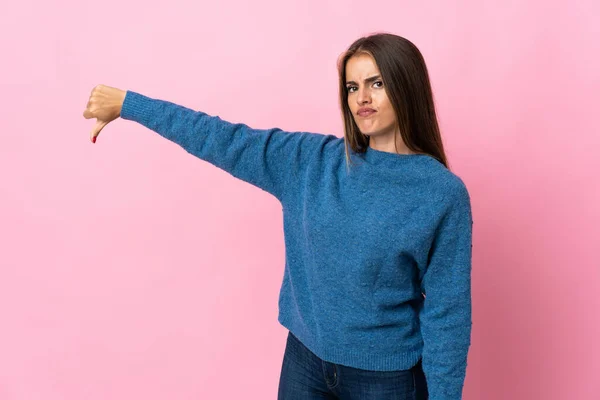 Young Uruguayan Woman Isolated Pink Background Showing Thumb Negative Expression —  Fotos de Stock