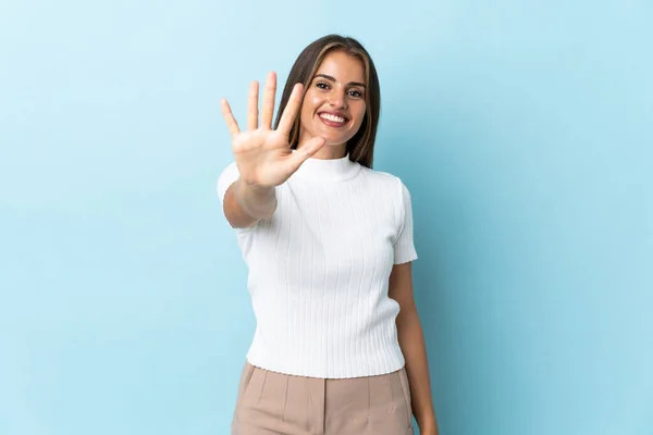 Young Uruguayan Woman Isolated Blue Background Counting Five Fingers — Stock Photo, Image