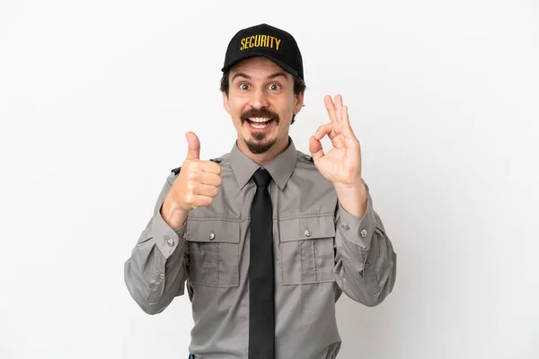 Young Caucasian Security Man Isolated White Background Showing Sign Thumb — Stock Photo, Image