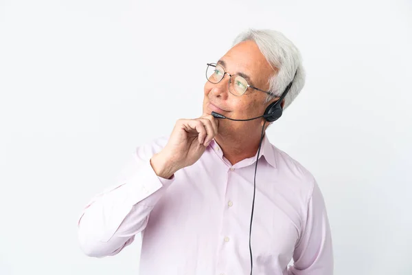 Telemarketer Middle Age Man Working Headset Isolated White Background Looking — Fotografia de Stock