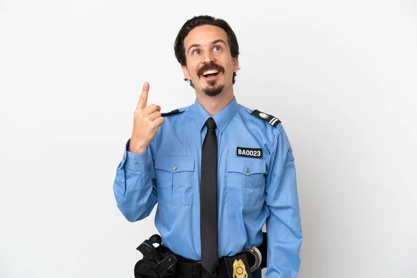 Young Police Man Isolated Background White Pointing Surprised — Stockfoto